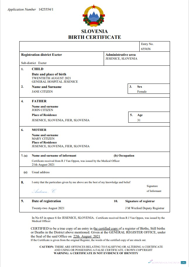 Download Slovenia birth certificate Word and PDF template Photoshop template